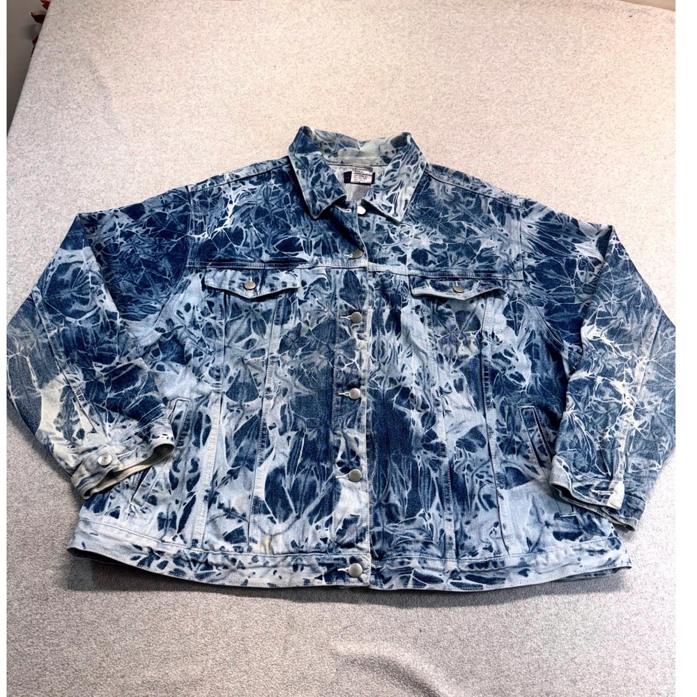 The‎ Blues Womens 3X Denim Jacket Blue White Acid Wash Marble Print Cotton Y2K